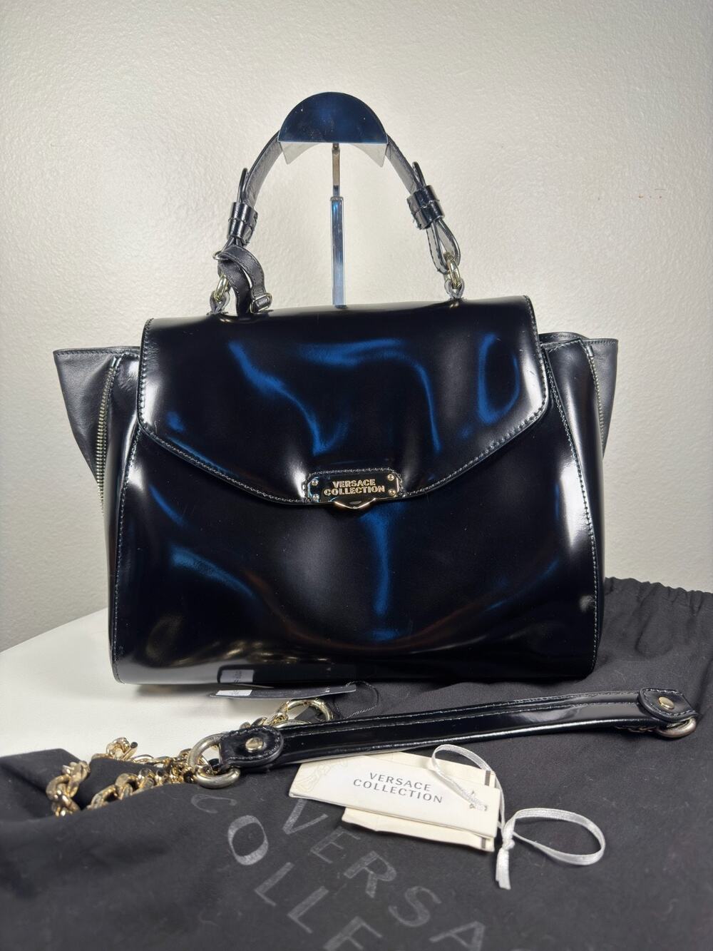 Versace Collection Black Patent Leather Satchel Bag New NWT Certilogo Authentic